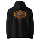 Cross - Organic Cotton Hoodie in Black with a wooden cross design on the back.