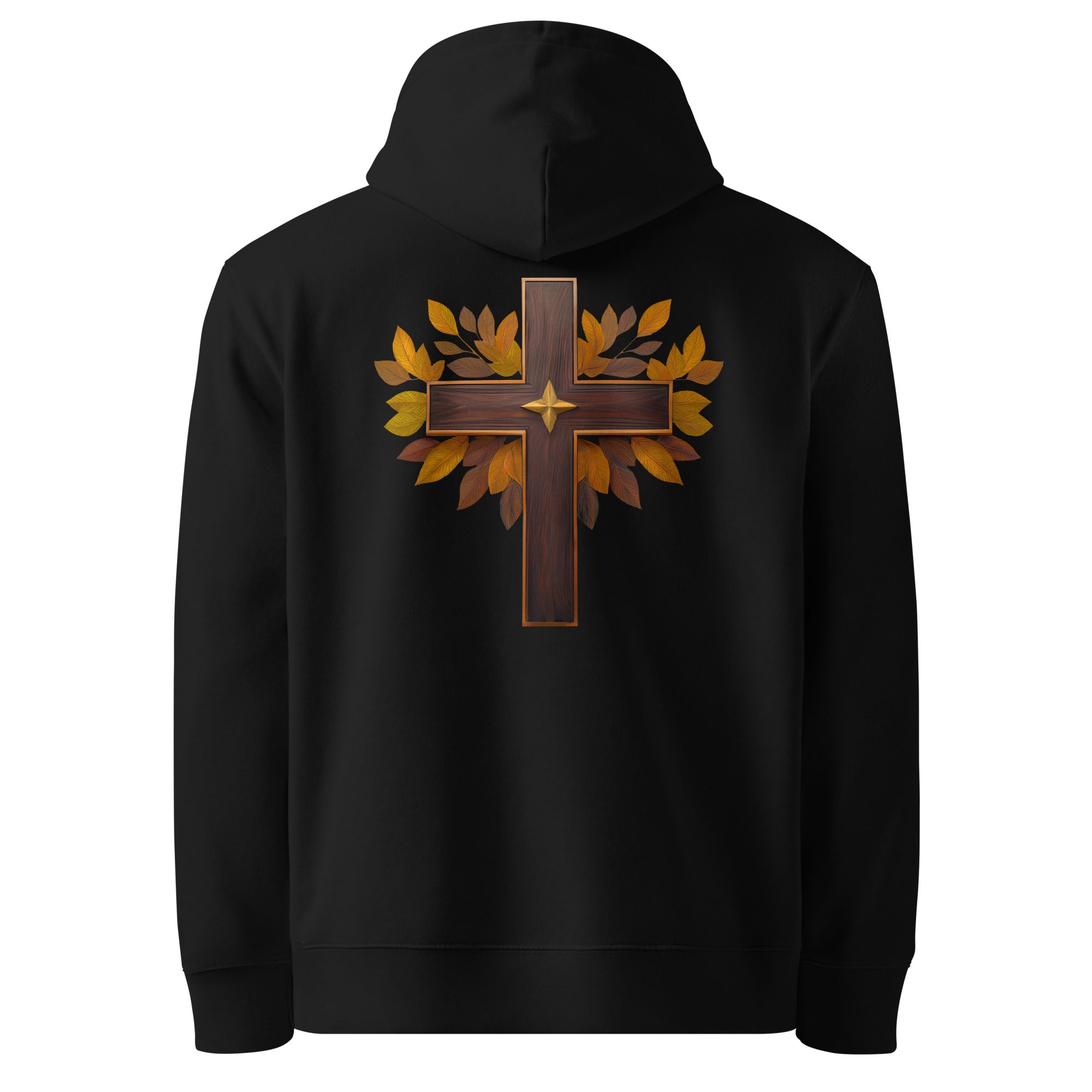 Cross - Organic Cotton Hoodie in Black with a wooden cross design on the back.