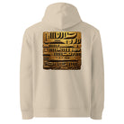 Glyphs - Organic Cotton Hoodie in Desert Dust with golden glyphs design printed on the back.