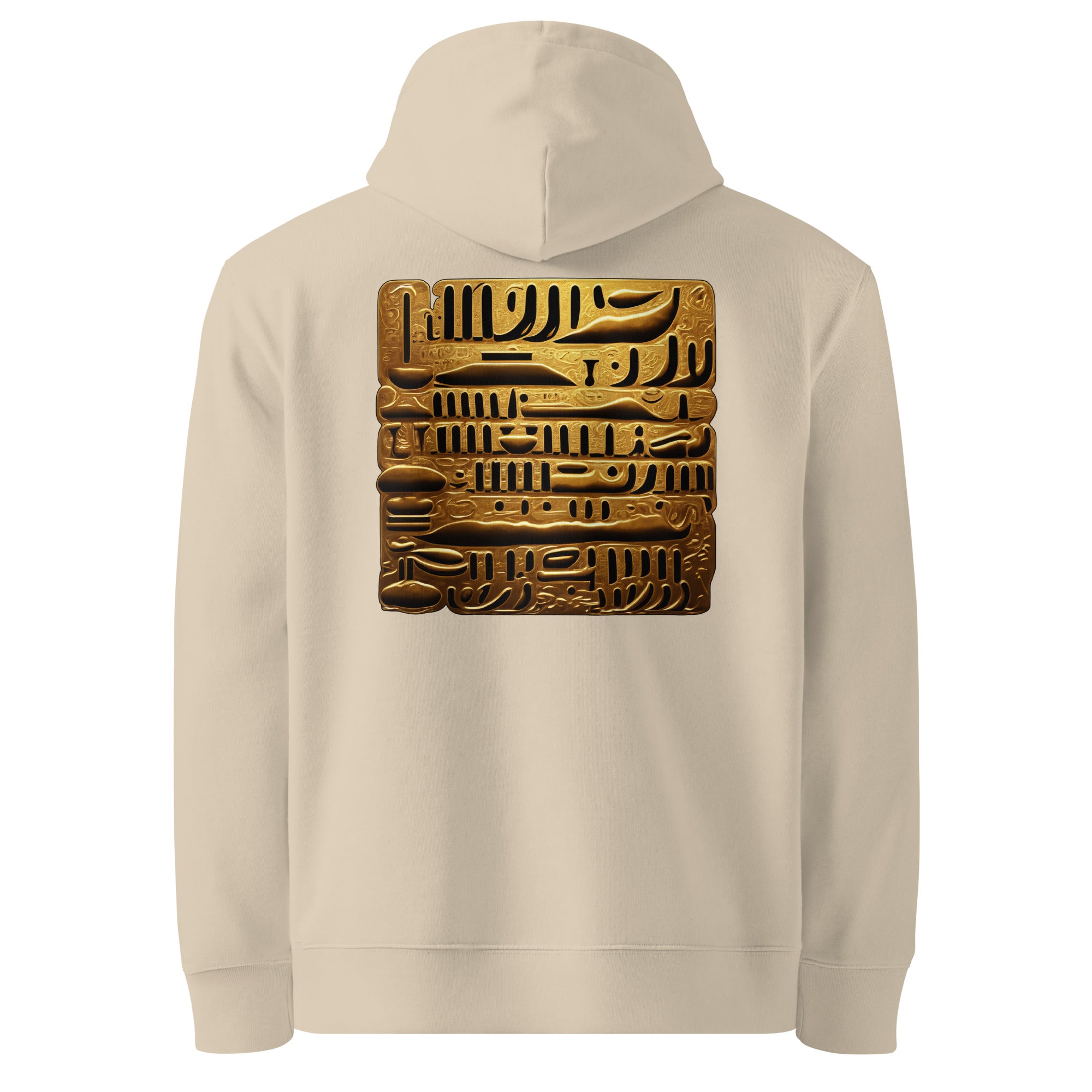 Glyphs - Organic Cotton Hoodie in Desert Dust with golden glyphs design printed on the back.