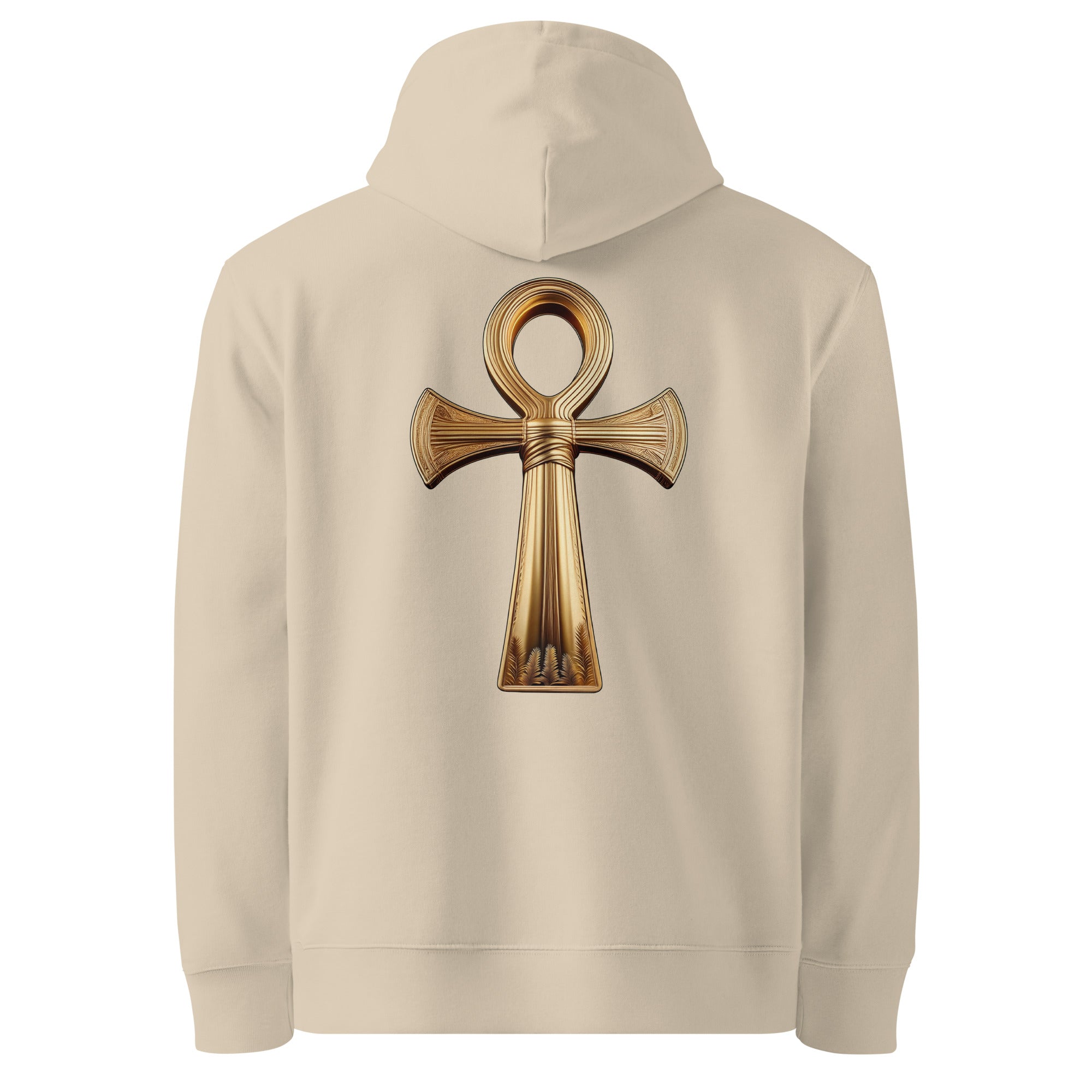 Key of Life - Organic Cotton Hoodie in Desert Dust with a golden egyptian symbol on the back.