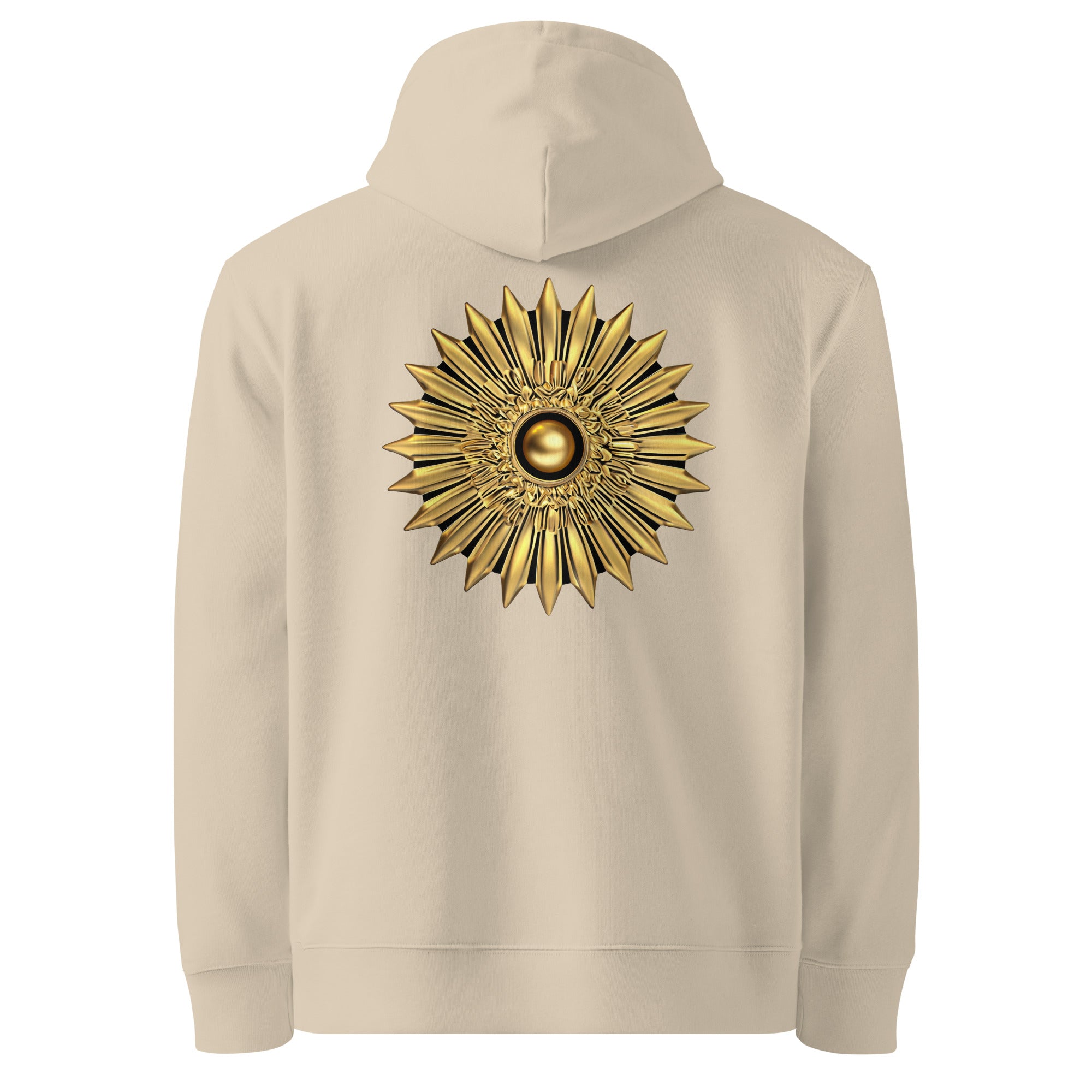 Sun - Organic Cotton Hoodie in Desert Dust with a golden sun design printed on the back.
