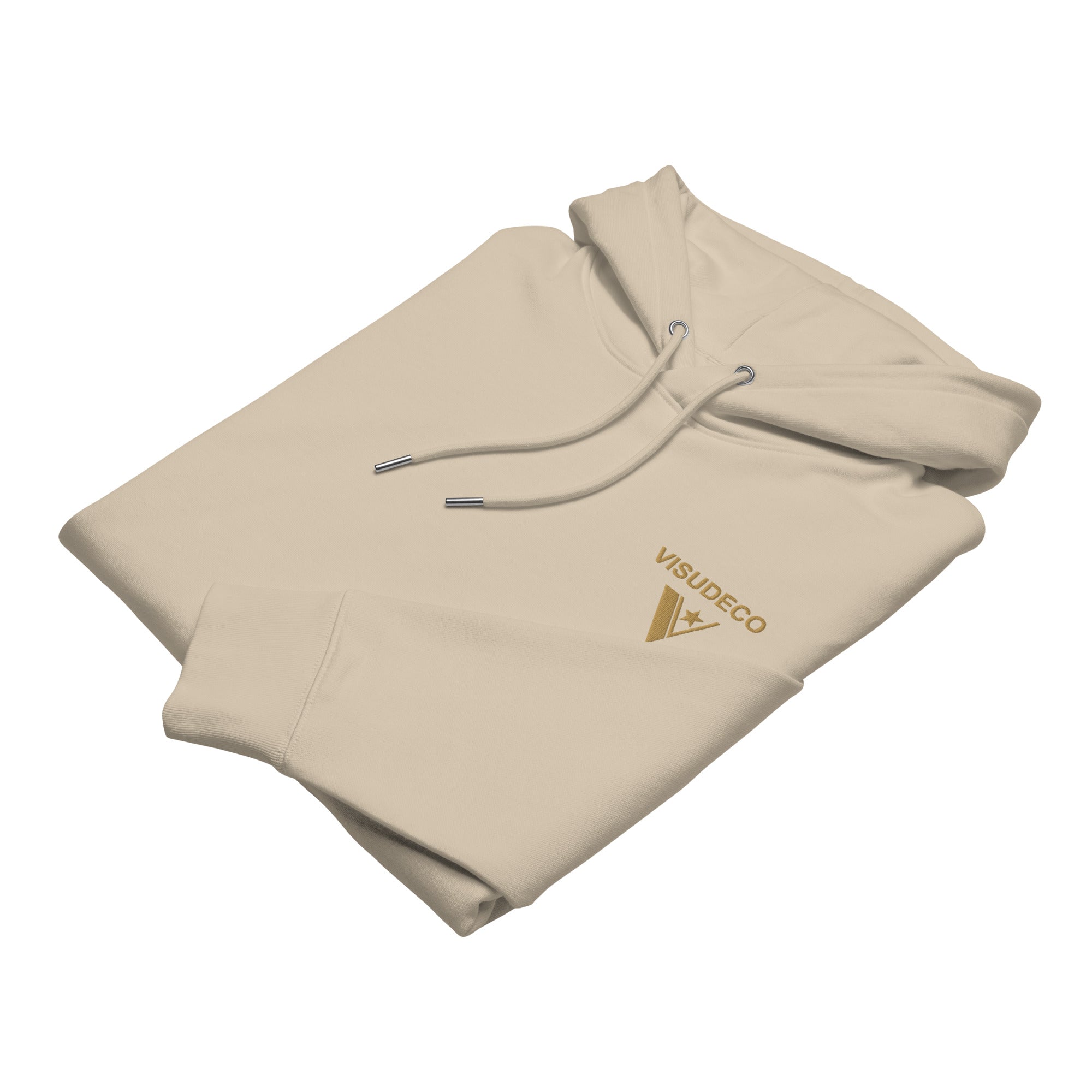 Organic Cotton Hoodie in Desert Dust folded sample showing logo embroidered on the front.