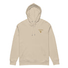 Organic Cotton Hoodie in Desert Dust shown from the front with hoodie opened and logo on the front.