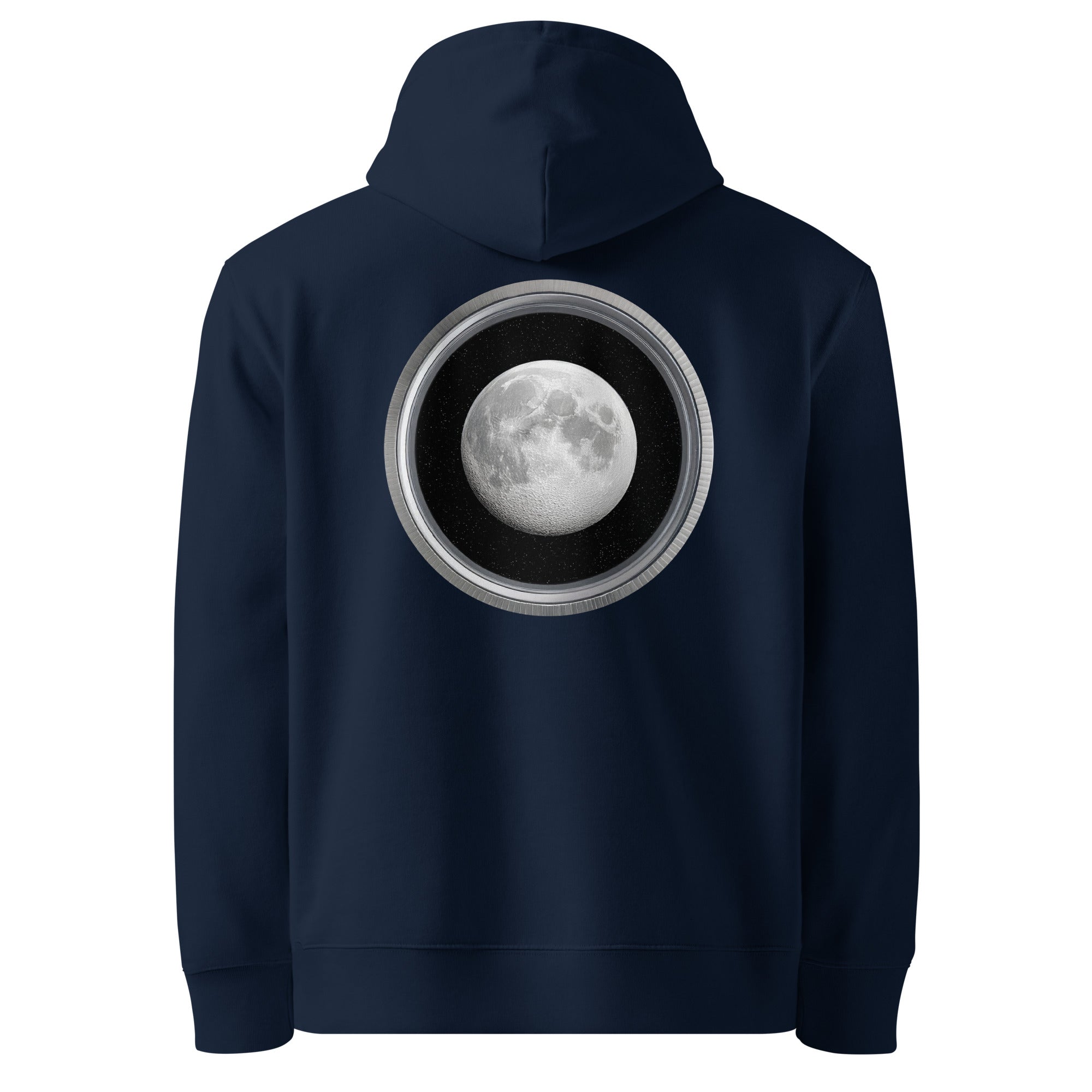 Moon - Organic Cotton Hoodie in Navy Blue with a silver moon printed on the back.