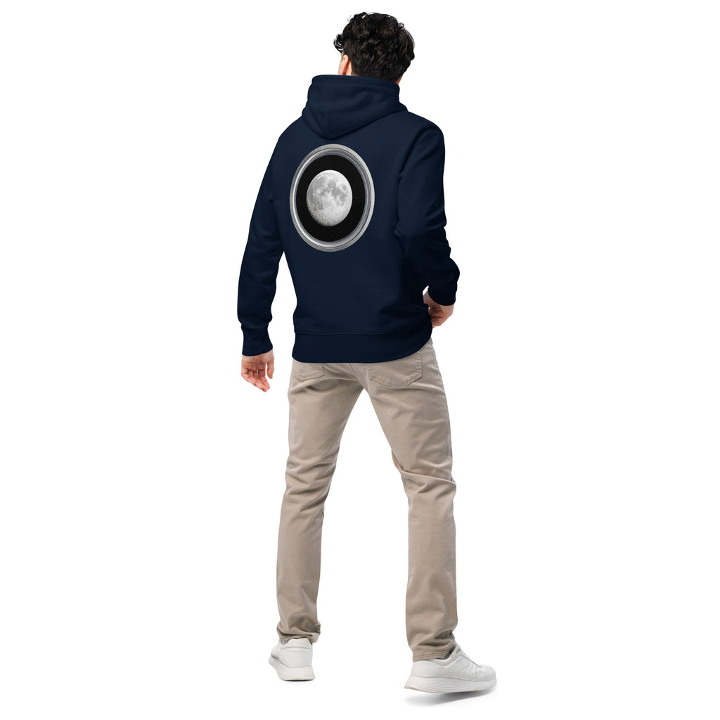 Moon - Organic Cotton Hoodie in Navy Blue on male model with a moon design printed on the back.