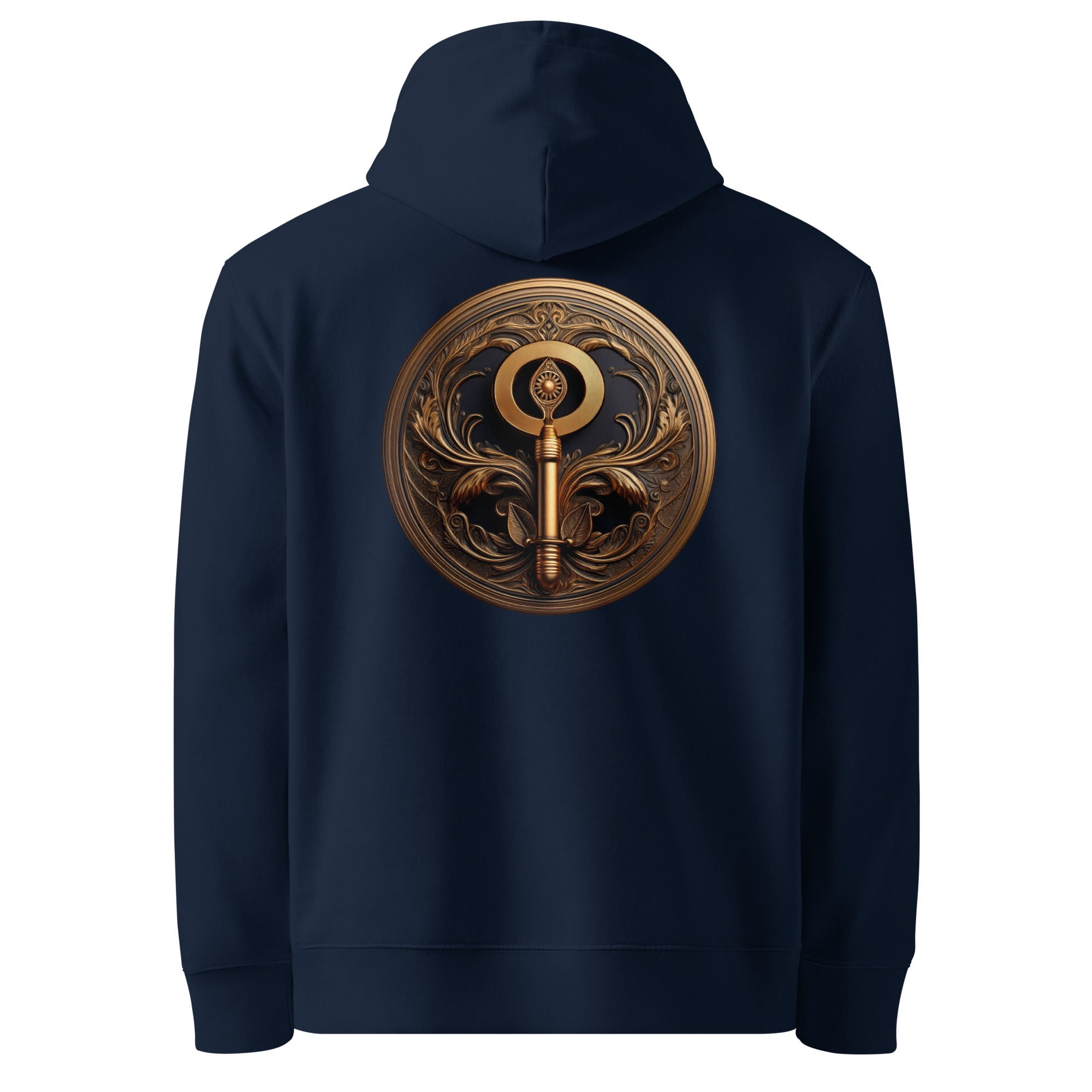 Key of Empathy - Organic Cotton Hoodie in Navy Blue with a symbol printed on the back.