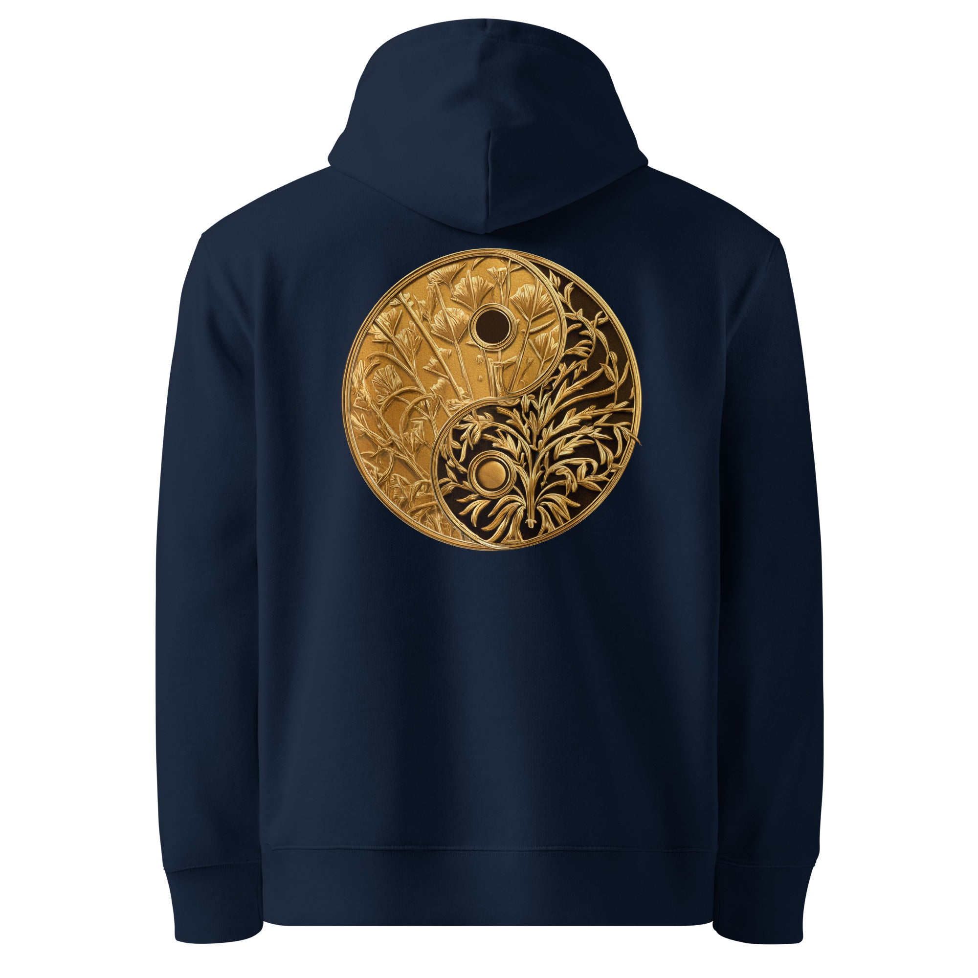Yinyang - Organic Cotton Hoodie in Navy Blue with a decorated Yinyang symbol on the back.