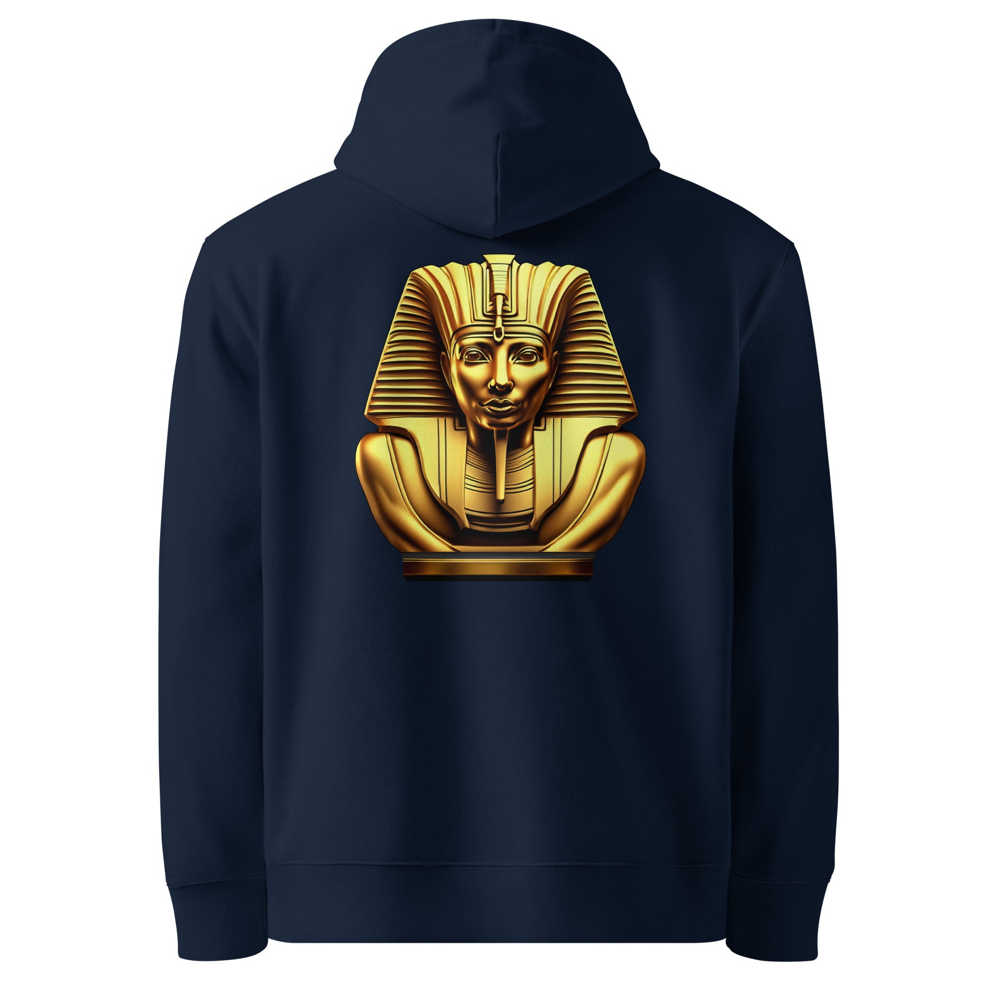Pharaoh - Organic Cotton Hoodie in Navy Blue with a golden Egyptian pharaoh design on the back.