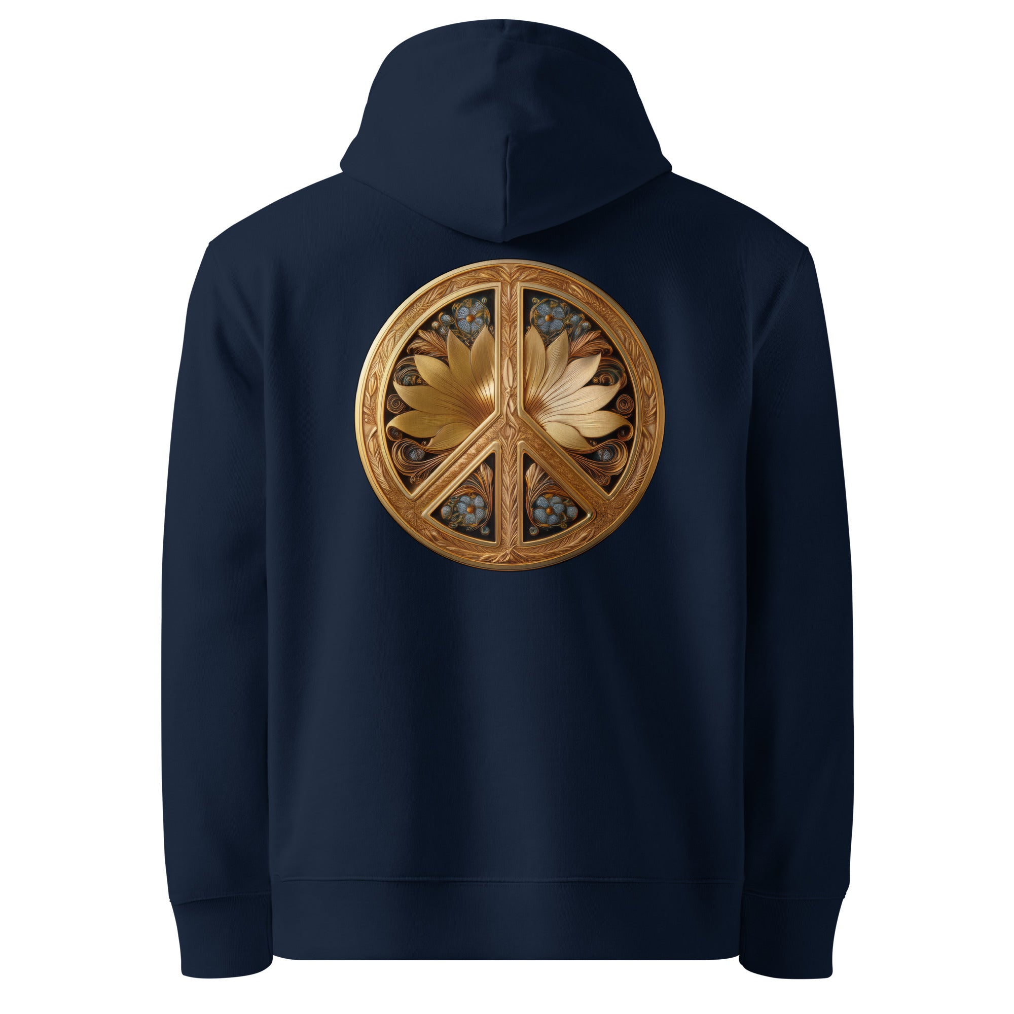 Flower Power - Organic Cotton Hoodie in Navy Blue with a decorated peace symbol on the back.