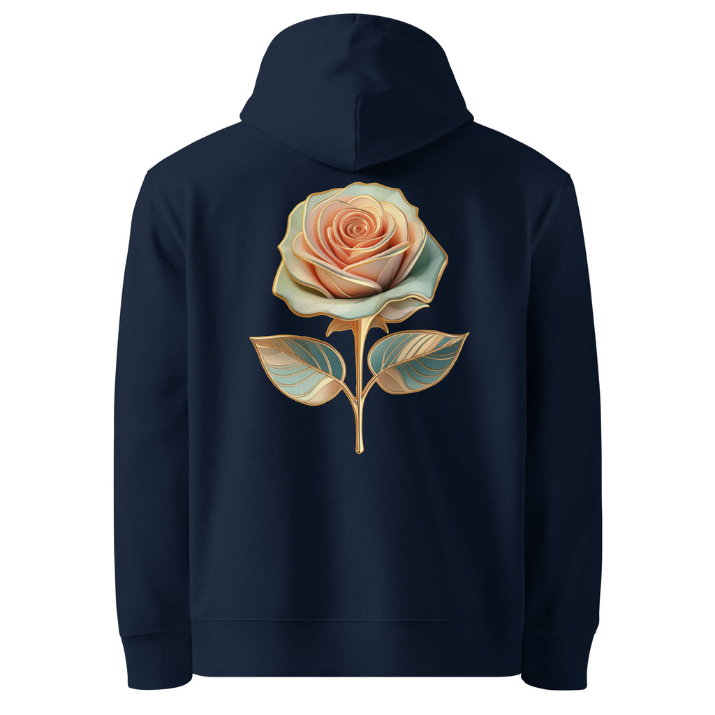 Bloom - Organic Cotton Hoodie in Navy Blue with golden flower design printed on the back.
