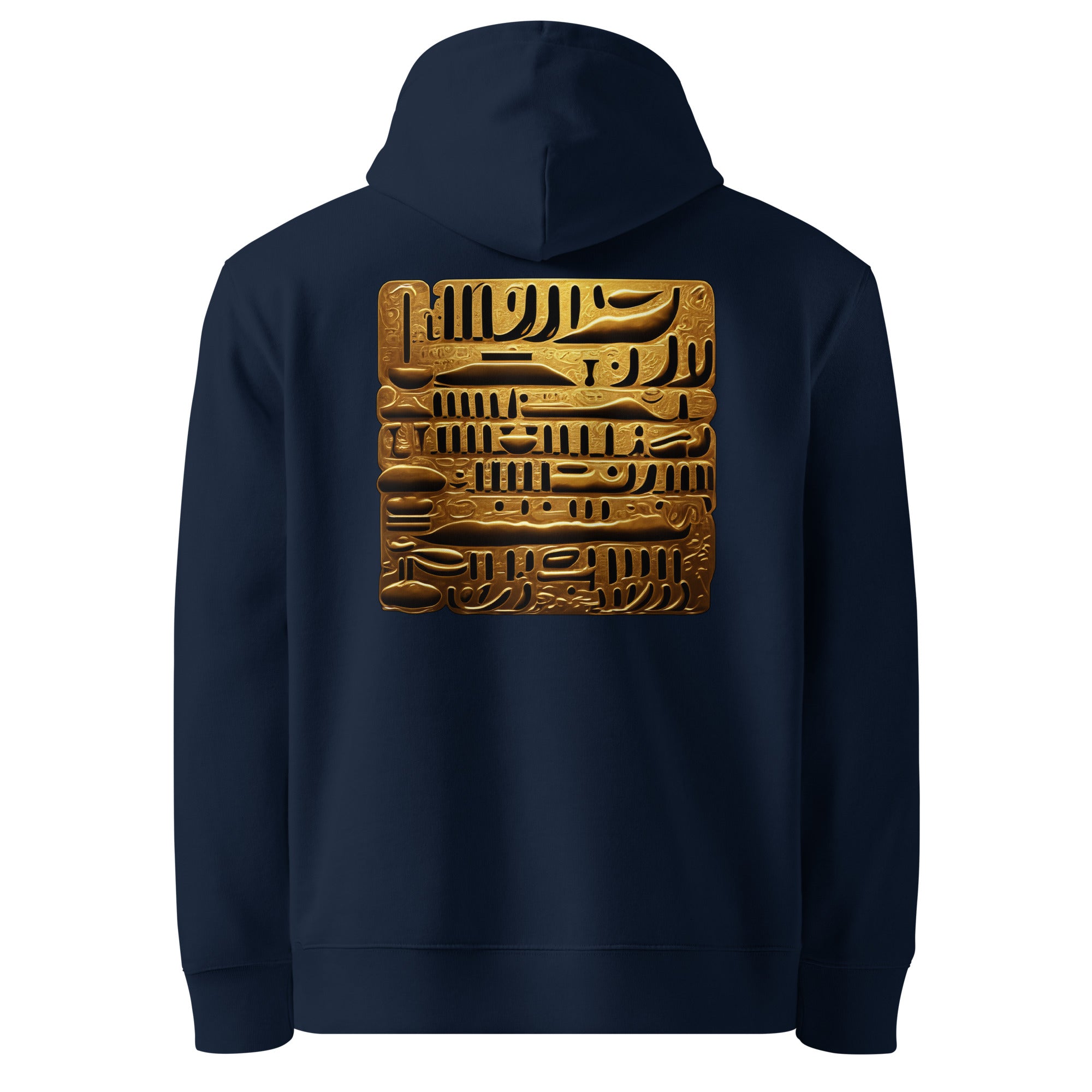 Glyphs - Organic Cotton Hoodie in Navy Blue with a golden glyphs design printed on the back.