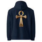 Key of Life - Organic Cotton Hoodie in Navy Blue with a golden key of life design on the back.