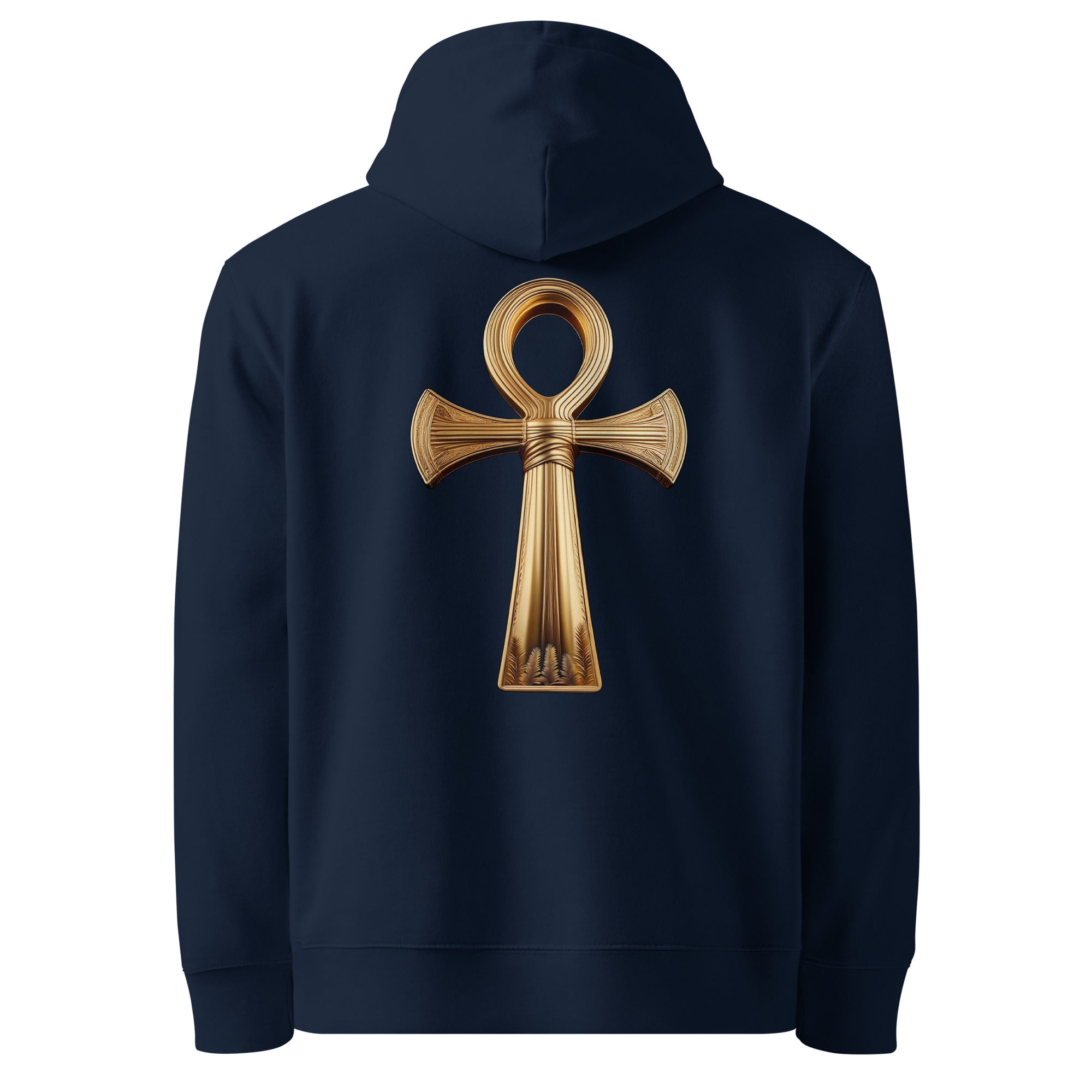 Key of Life - Organic Cotton Hoodie in Navy Blue with a golden key of life design on the back.