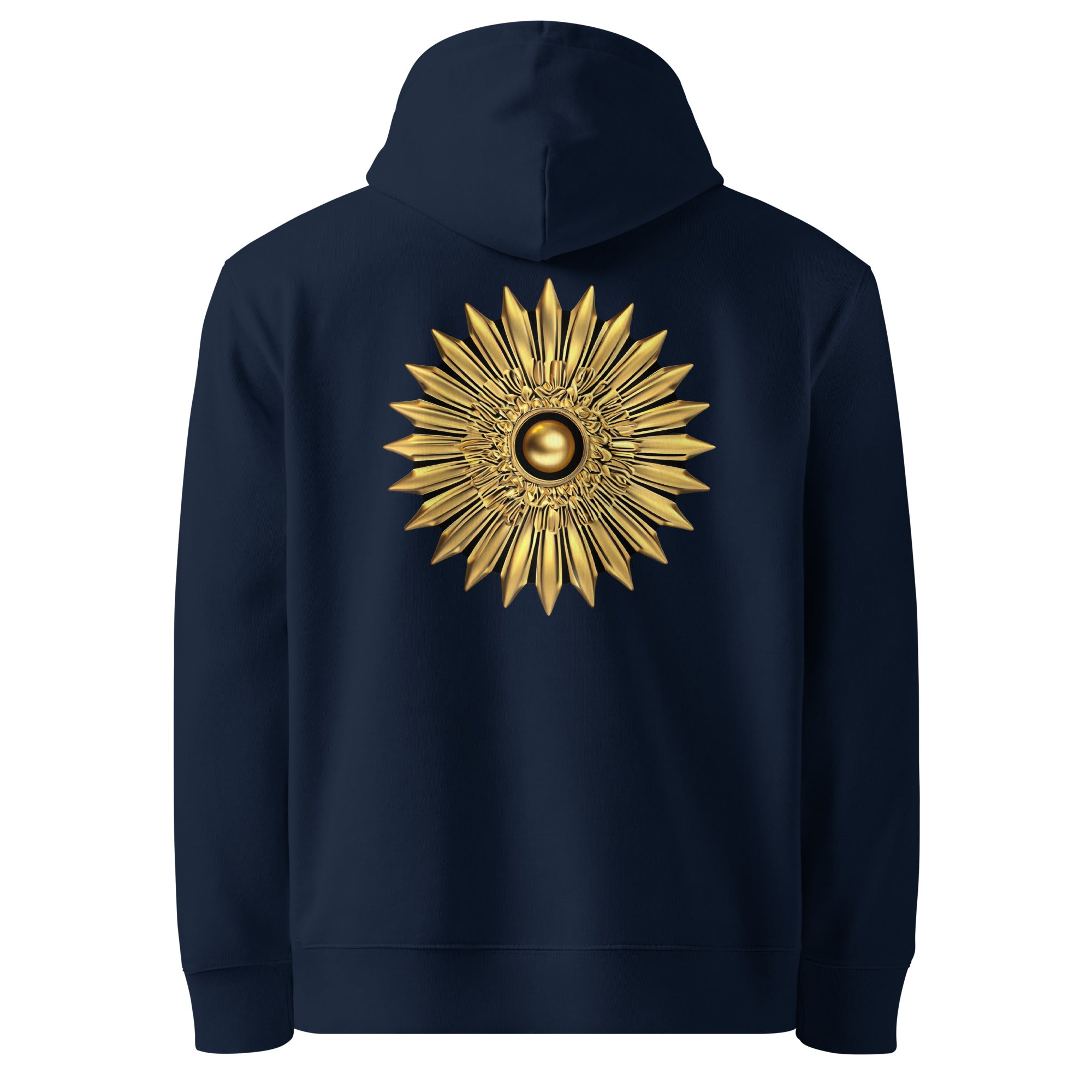 Sun - Organic Cotton Hoodie in Navy Blue with a golden sun design printed on the back.