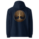 Tree of Life - Organic Cotton Hoodie in Navy Blue with golden design on the back.