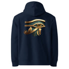 Eye of Horus - Organic Cotton Hoodie in Navy Blue with symbol printed on the back.