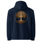 Tree of Life - Organic Cotton Hoodie in Navy Blue with a golden tree design printed on the back.