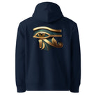 Eye of Horus - Organic Cotton Hoodie in Navy Blue with the symbol printed on the back.