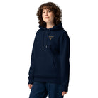 Organic Cotton Hoodie in Navy Blue on female model. Front view with logo embroidered.