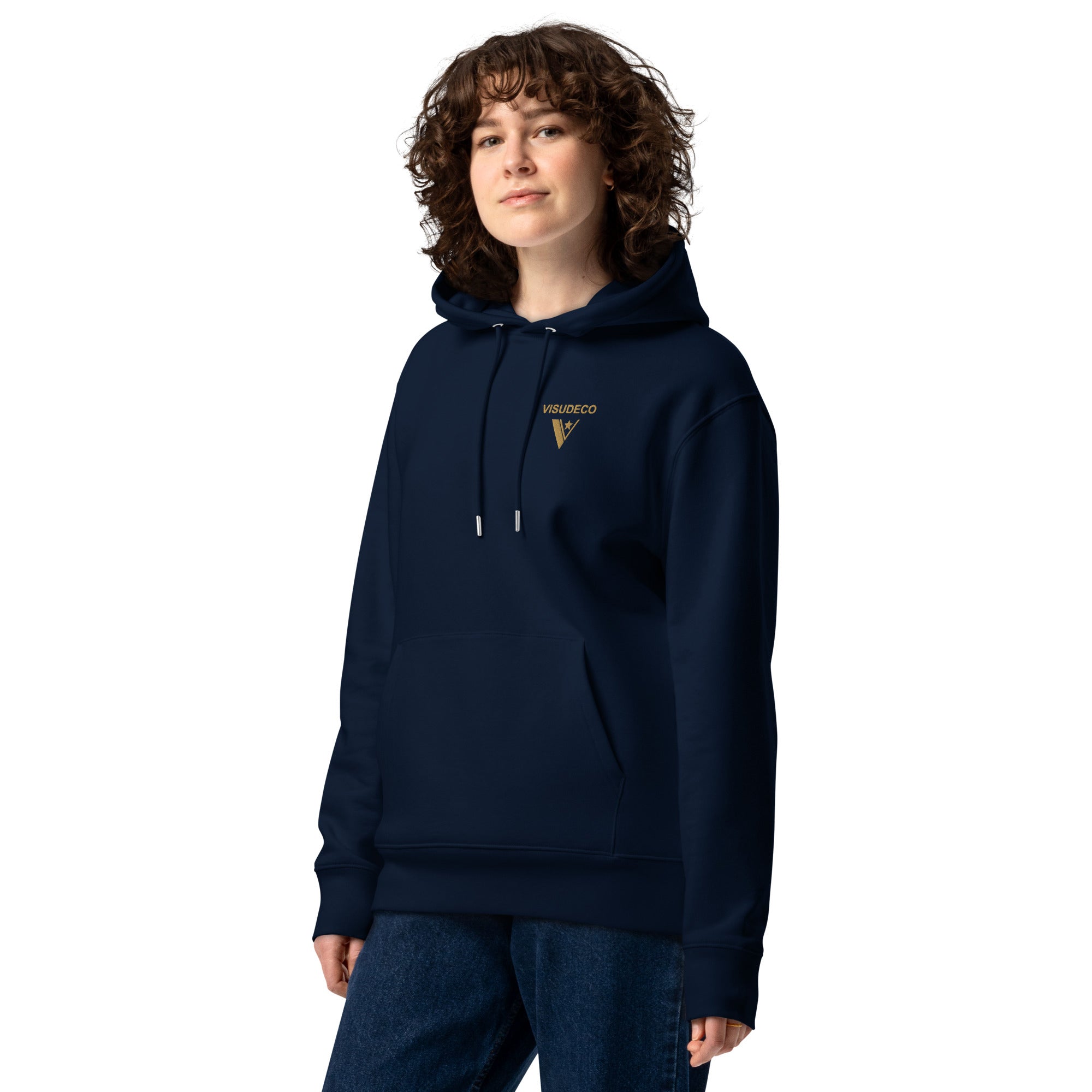 Organic Cotton Hoodie in Navy Blue on female model. Front view with logo embroidered.