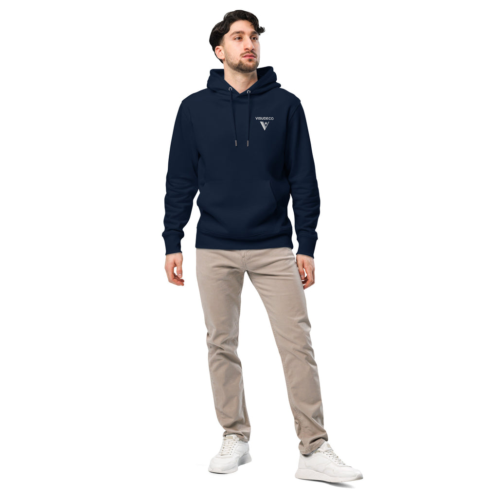 Organic Cotton Hoodie in Navy Blue on male model with logo embroidered on the front.