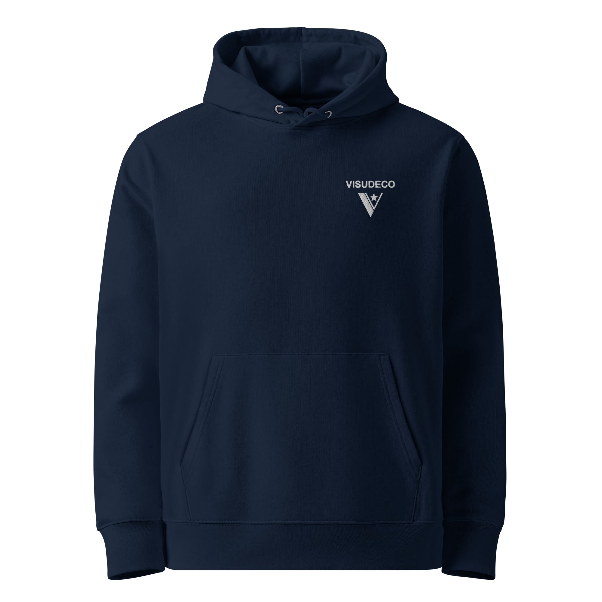 Organic Cotton Hoodie in Navy Blue. Sample with logo embroidered on the front.