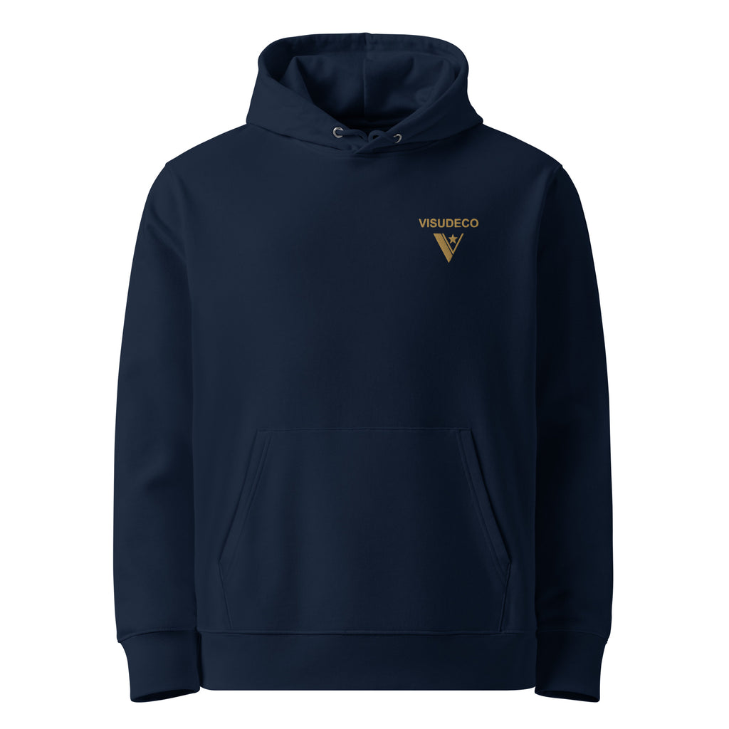 Organic Cotton Hoodie in Navy Blue with the visudeco logo embroidered on the front.