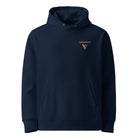 Organic Cotton Hoodie in Navy Blue with the visudeco logo embroidered in front.