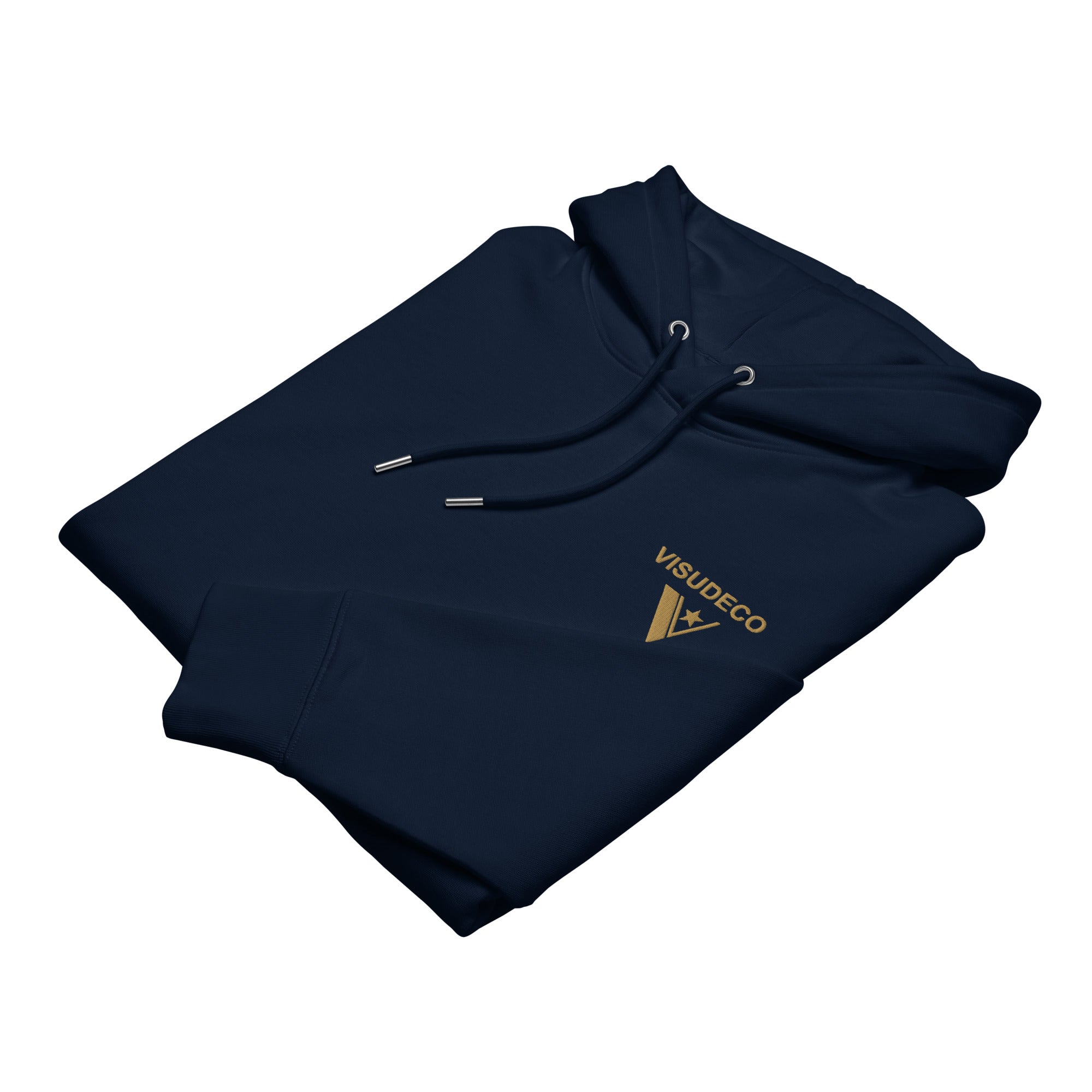 Organic Cotton Hoodie in Navy Blue folded sample with the visudeco logo embroidered in front.