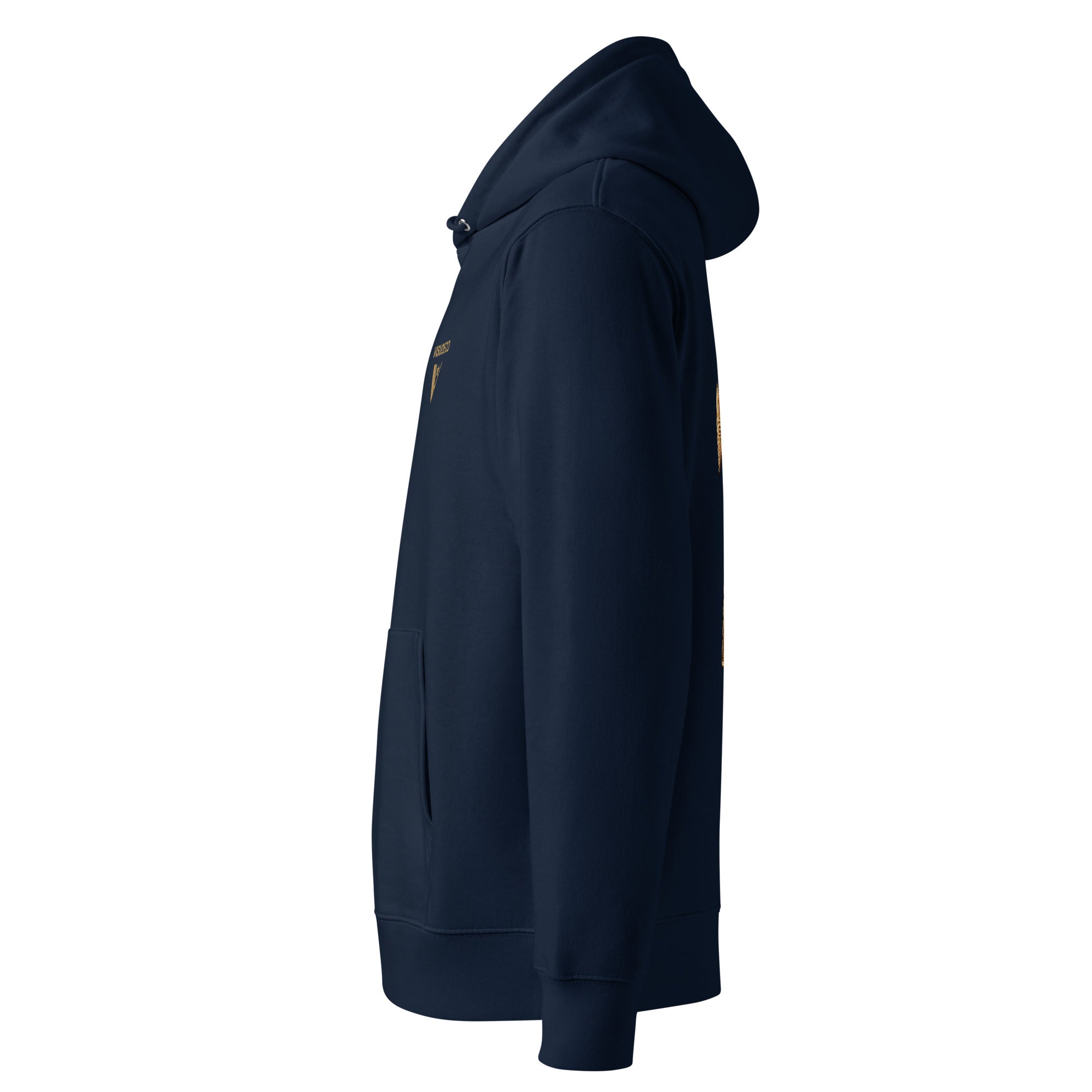 Organic Cotton Hoodie in Navy Blue shown from the left side.