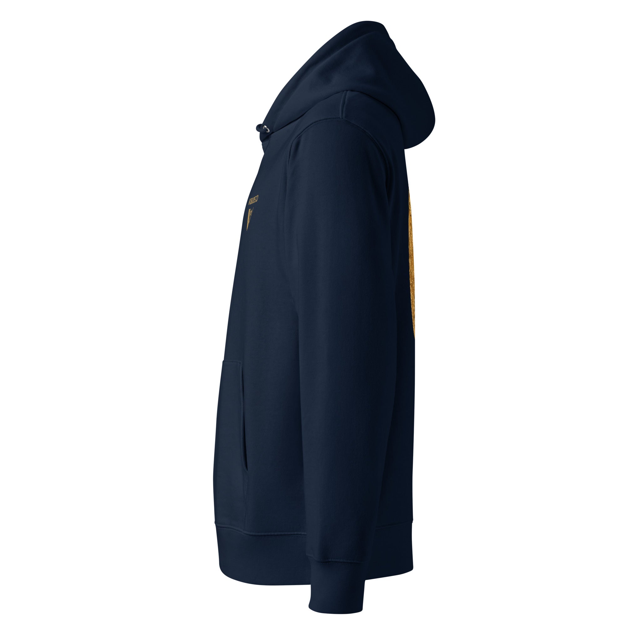 Organic Cotton Hoodie in Navy Blue shown from the left side.