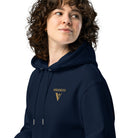 Organic Cotton Hoodie in Navy Blue on female model. Front view with logo embroidered.
