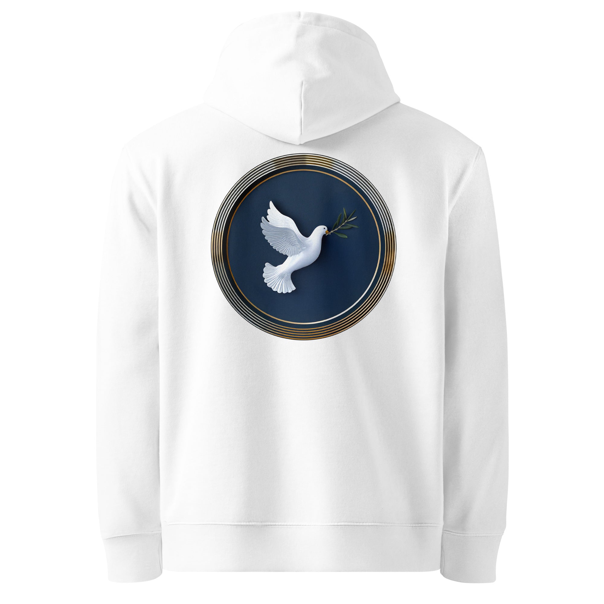 White Dove - Organic Cotton Hoodie in White with a design of a white dove on the back.