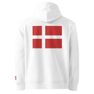 Danish Flag - Organic Cotton Hoodie in White with flag printed on the back.