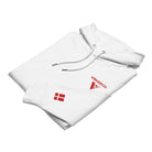 Danish Flag - Organic Cotton Hoodie in White folded sample with embroidered logo and flag.