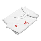 Danish Flag - Organic Cotton Hoodie in White with logo in front and flag embroidered on left sleeve.