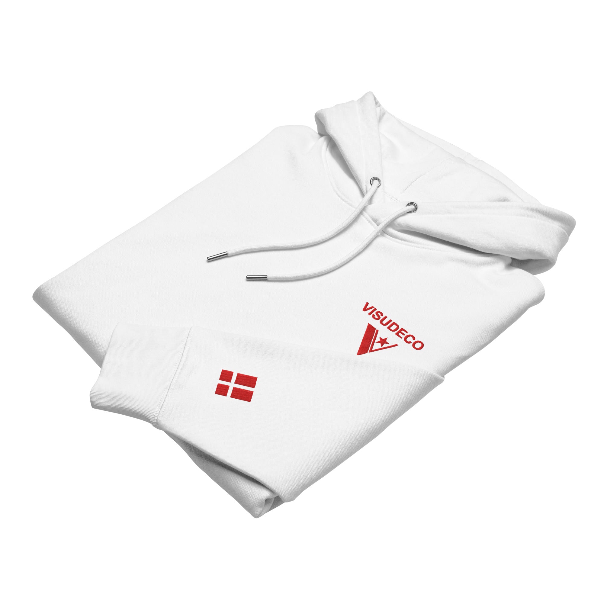 Danish Flag - Organic Cotton Hoodie in White with logo in front and flag embroidered on left sleeve.