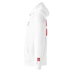 Danish Flag - Organic Cotton Hoodie in White shown from the left side with flag on left sleeve.
