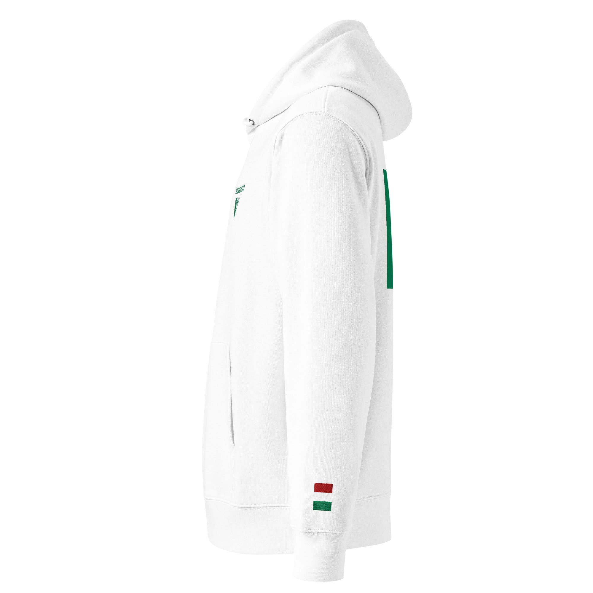 Italian Flag - Organic Cotton Hoodie in White showing flag embroidered on the left sleeve.