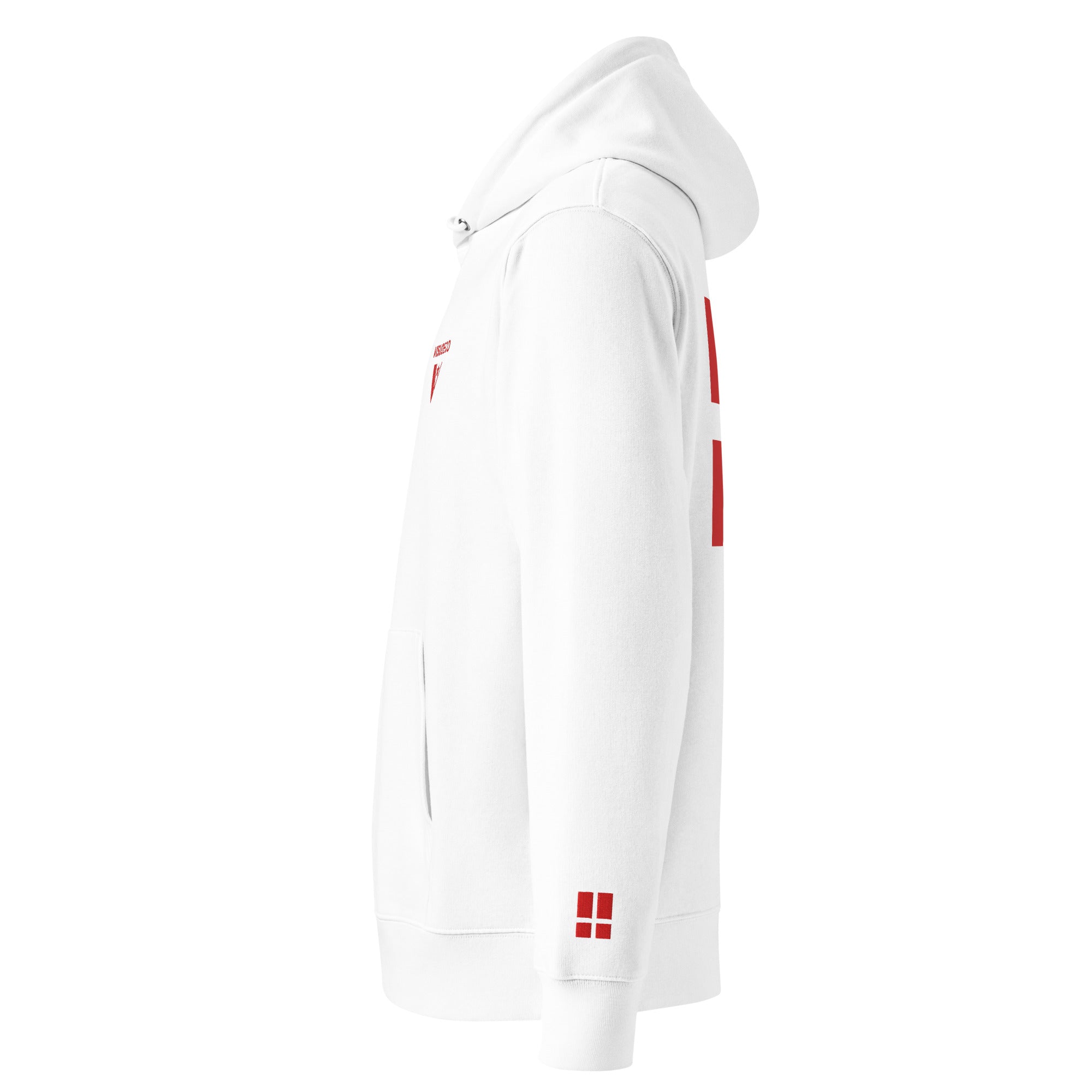 Danish Flag - Organic Cotton Hoodie in White with flag embroidered on the left sleeve.