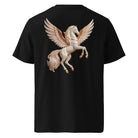 A black short-sleeve t-shirt shown from the back, featuring a large graphic print of a rearing Pegasus with outstretched wings in cream, gold, and golden tones.