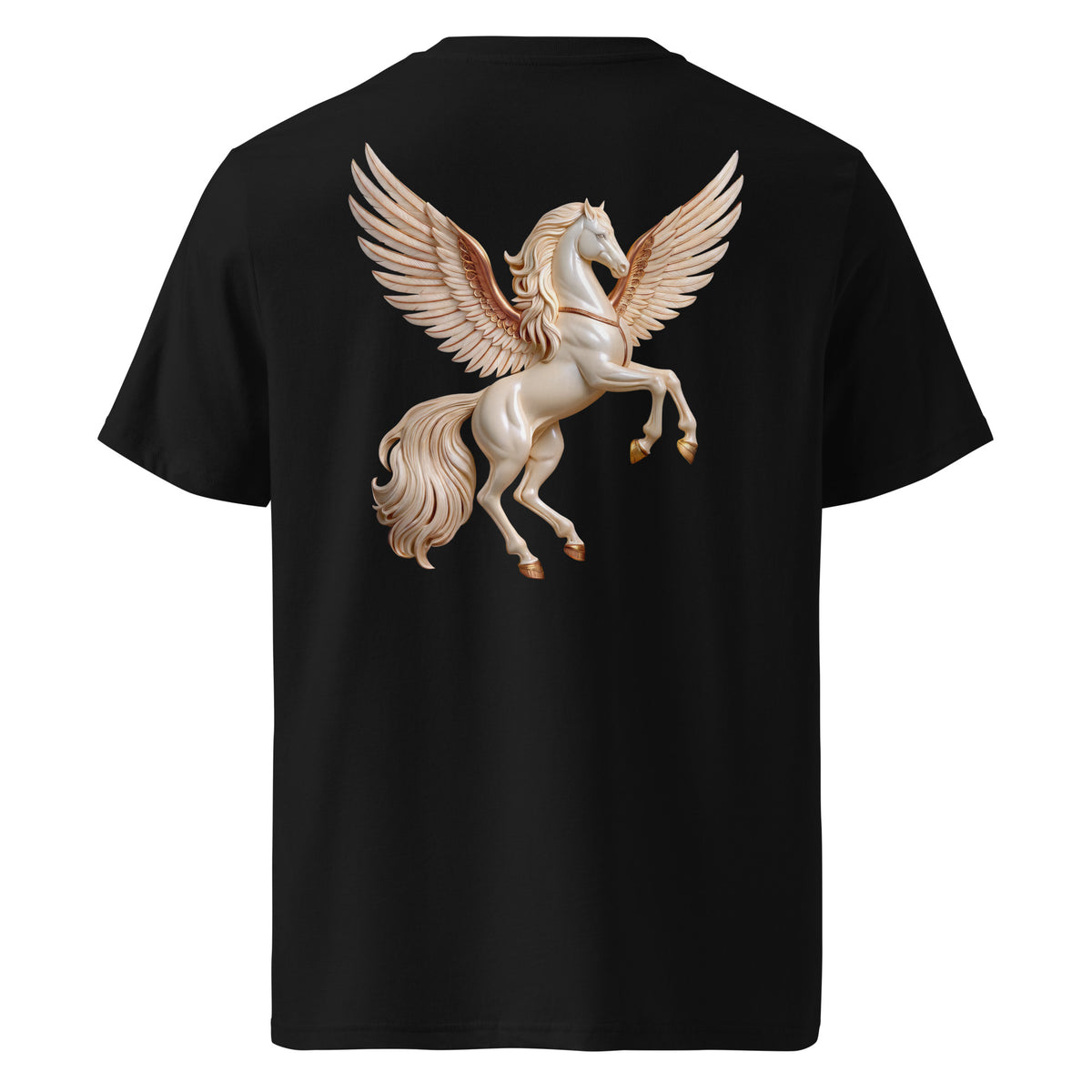 A black short-sleeve t-shirt shown from the back, featuring a large graphic print of a rearing Pegasus with outstretched wings in cream, gold, and golden tones.