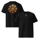 Black t-shirt with design on the back and logo in front.