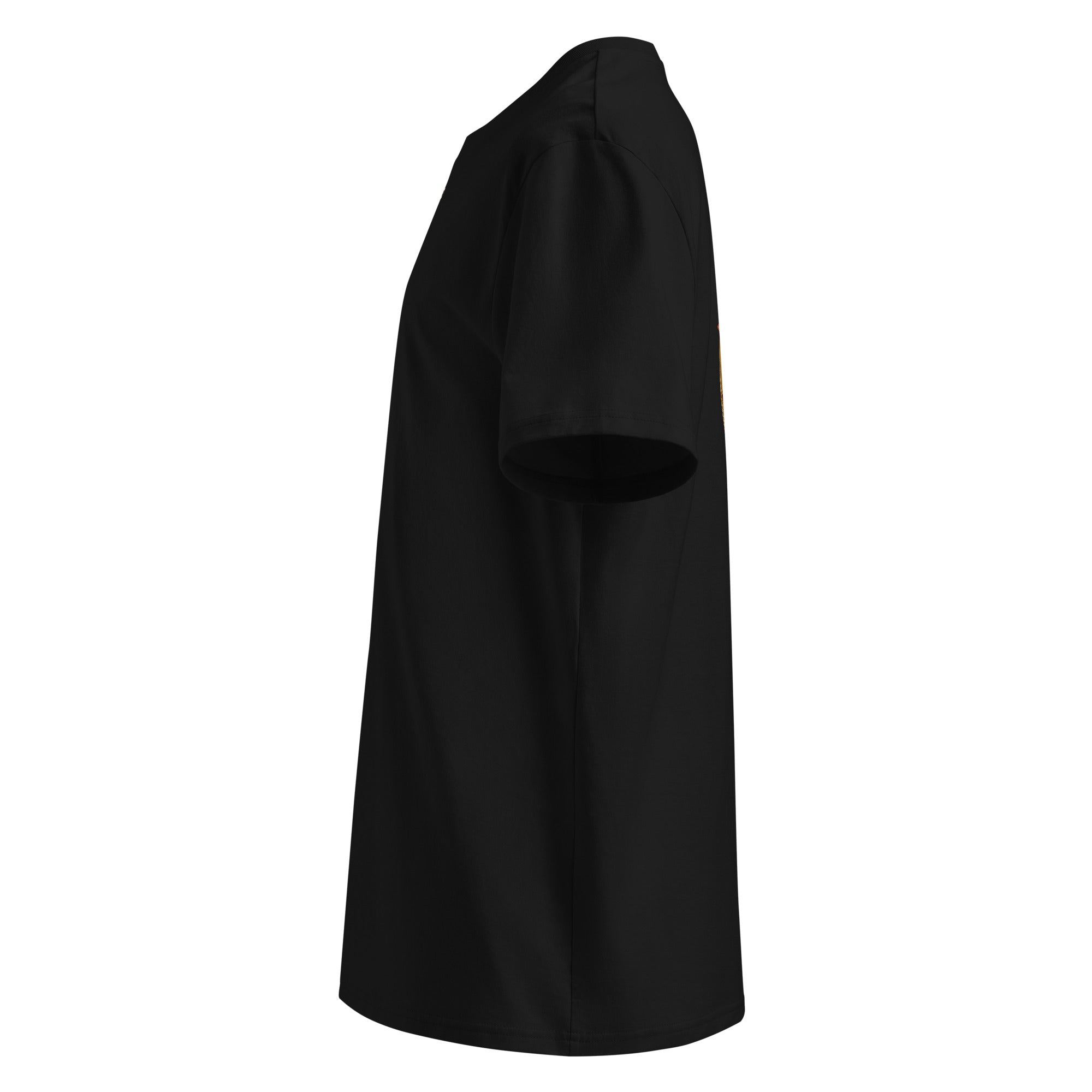 Black t-shirt shown from the left side.