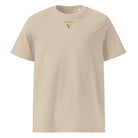 T-shirt in desert dust/beige with VISUDECO logo in front.