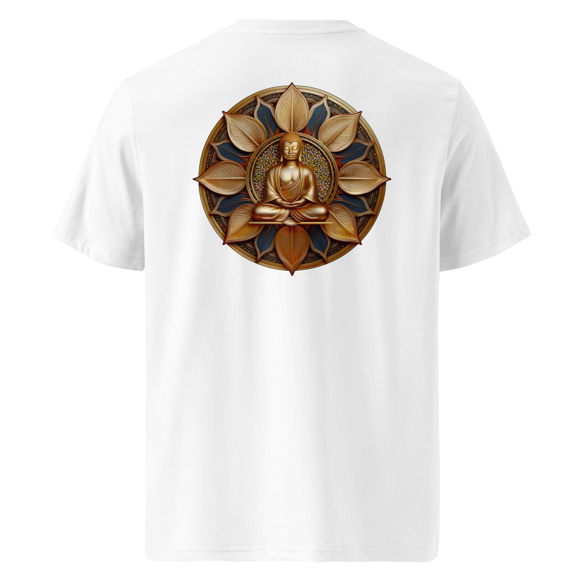 White t-shirt with golden Buddha on the back.