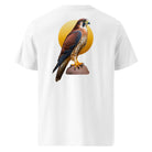 White short-sleeve t-shirt showing the back with a large graphic print of a brown and blue falcon perched in front of a yellow circular sun.