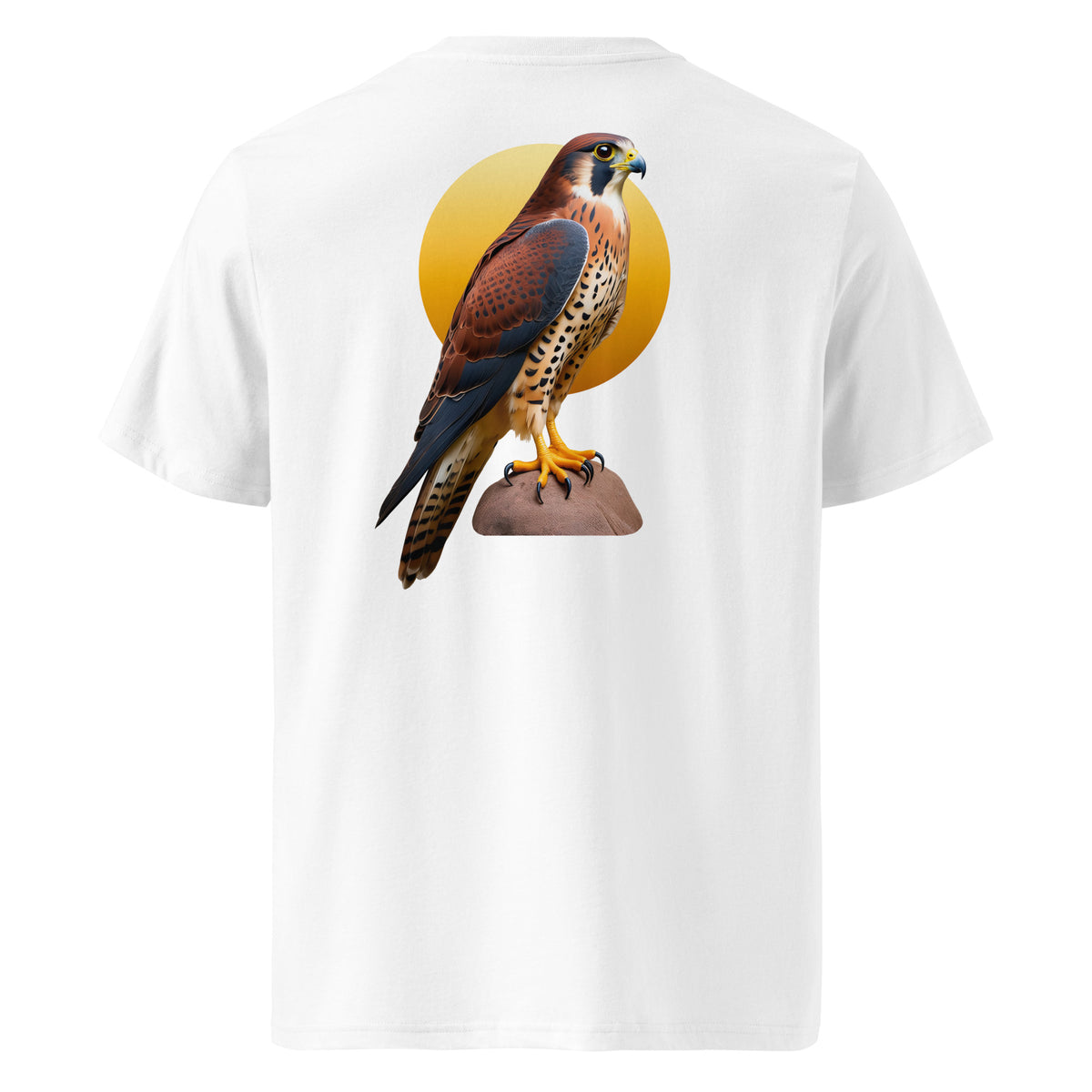White short-sleeve t-shirt showing the back with a large graphic print of a brown and blue falcon perched in front of a yellow circular sun.