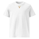White t-shirt with logo in front.